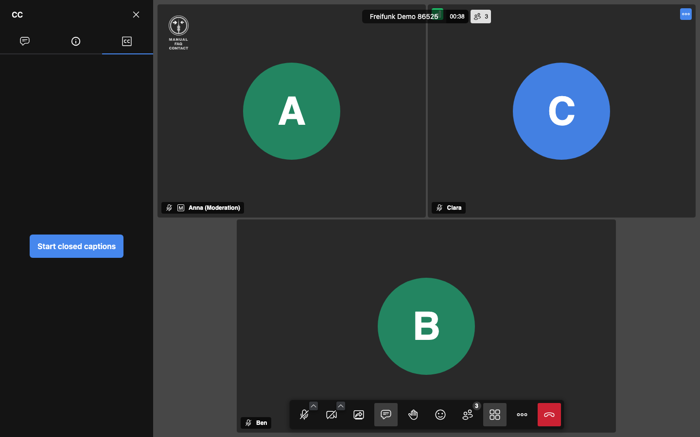 CC-Reiter in der Seitenleiste mit der Schaltfläche „Untertitel starten“